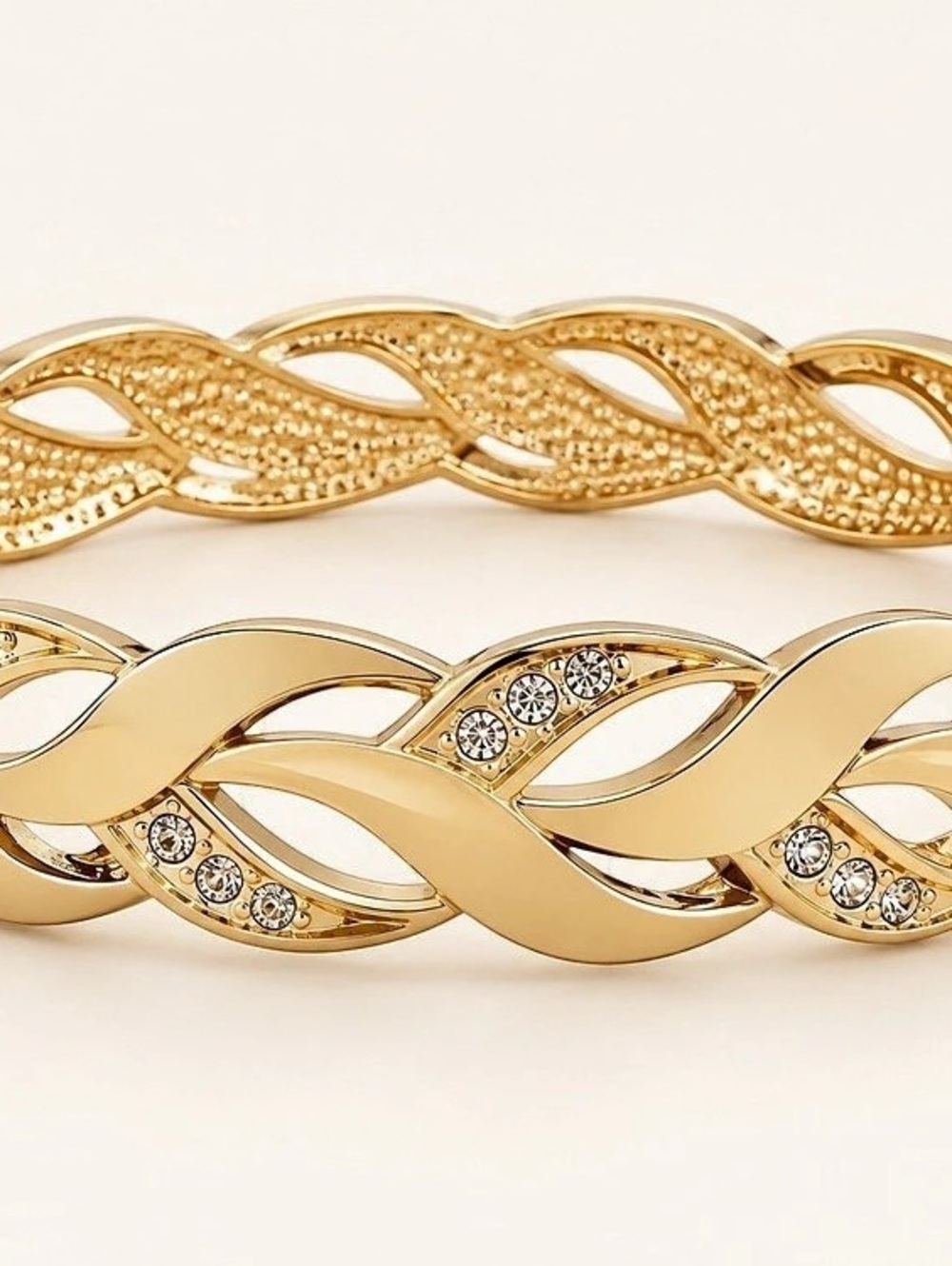 Gold-Tone Interwoven Bangle Bracelet with Clear Rhinestone Accents